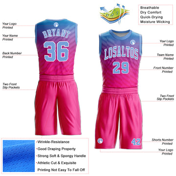 Custom Pink Light Blue-White Round Neck Sublimation Basketball Suit Jersey