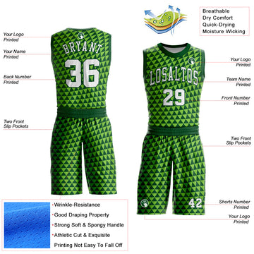 Custom Green White-Neon Green Triangle Shapes Round Neck Sublimation Basketball Suit Jersey