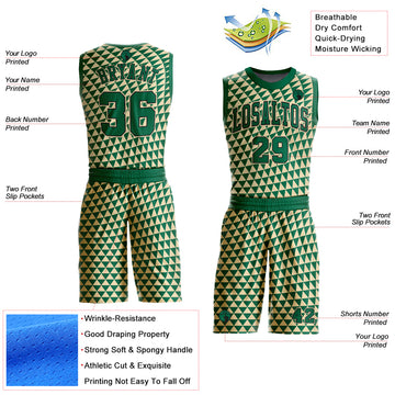 Custom Cream Kelly Green-Black Triangle Shapes Round Neck Sublimation Basketball Suit Jersey