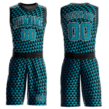 Custom Teal Black-White Triangle Shapes Round Neck Sublimation Basketball Suit Jersey