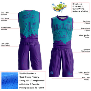 Custom Teal Purple Color Splash Round Neck Sublimation Basketball Suit Jersey