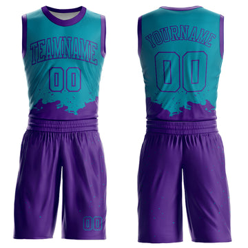 Custom Teal Purple Color Splash Round Neck Sublimation Basketball Suit Jersey