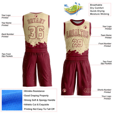 Custom Cream Maroon Color Splash Round Neck Sublimation Basketball Suit Jersey