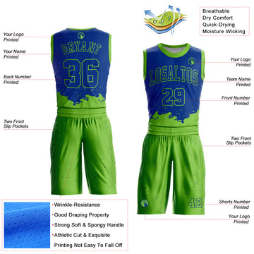 Custom Royal Neon Green Color Splash Round Neck Sublimation Basketball Suit Jersey