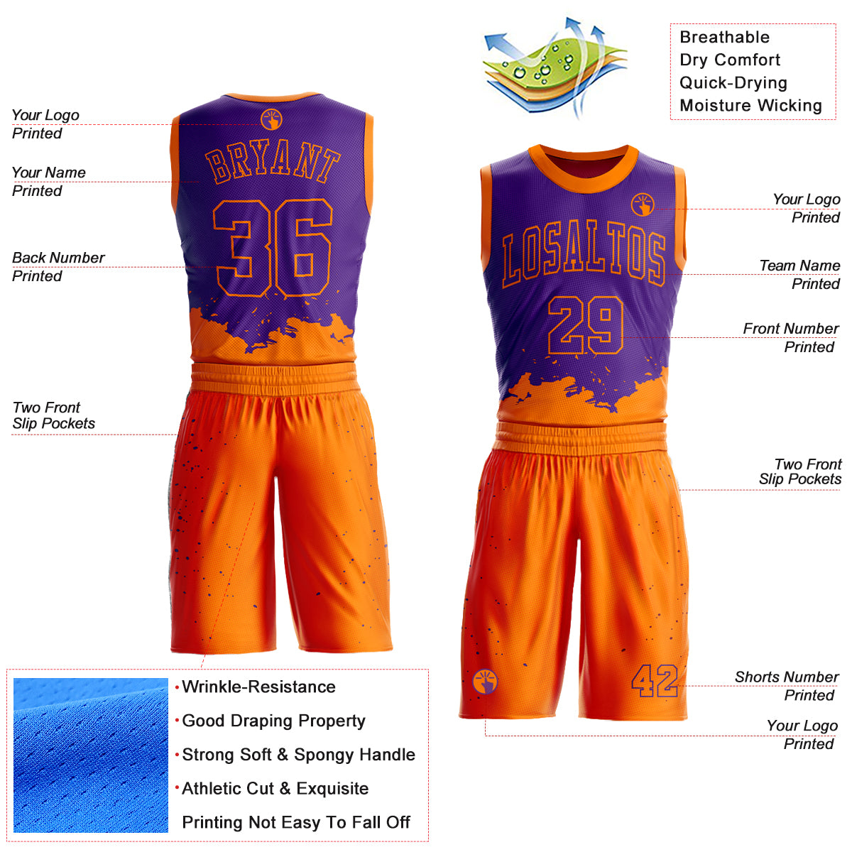 Custom Purple Bay Orange Color Splash Round Neck Sublimation Basketball ...