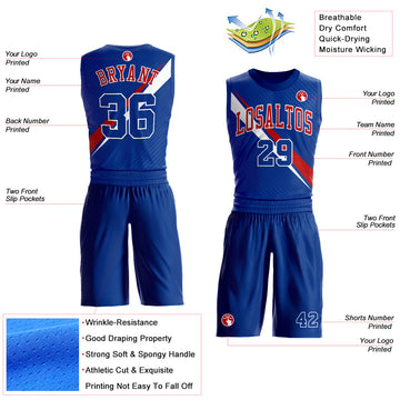 Custom Royal White-Red Diagonal Lines Round Neck Sublimation Basketball Suit Jersey