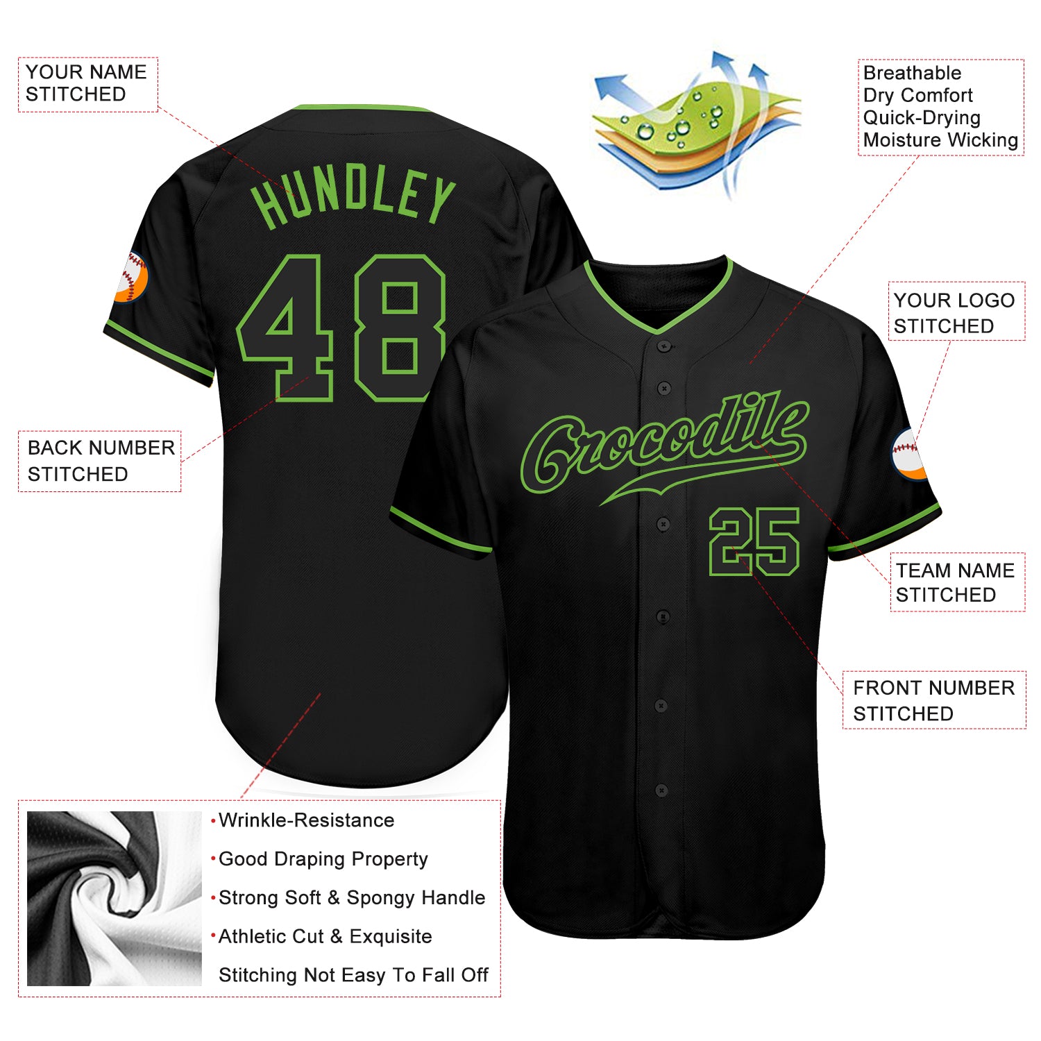 Custom Black Black-Neon Green Authentic Baseball Jersey Discount