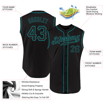 Custom Black Black-Teal  Authentic Sleeveless Baseball Jersey