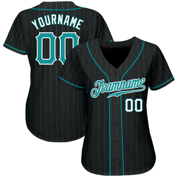 Custom Black Teal Pinstripe Teal-White Authentic Baseball Jersey