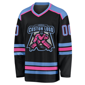 Custom Black Light Blue-Pink Hockey Jersey