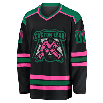Custom Black Kelly Green-Pink Hockey Jersey