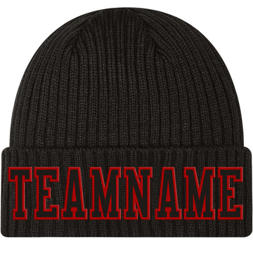 Custom Black Black-Red Stitched Cuffed Knit Hat