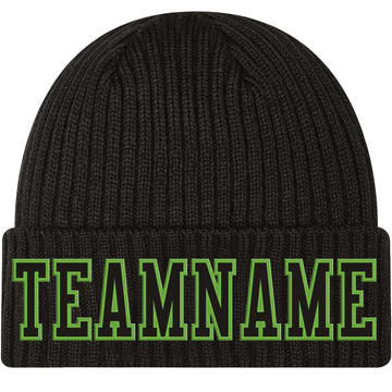 Custom Black Black-Neon Green Stitched Cuffed Knit Hat