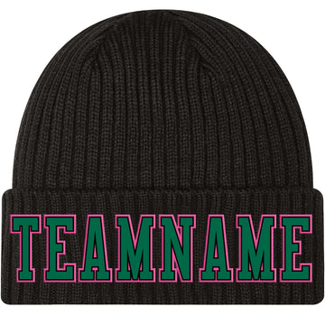 Custom Black Kelly Green-Pink Stitched Cuffed Knit Hat