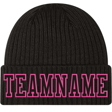 Custom Black Black-Pink Stitched Cuffed Knit Hat