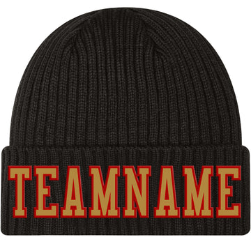 Custom Black Old Gold-Red Stitched Cuffed Knit Hat