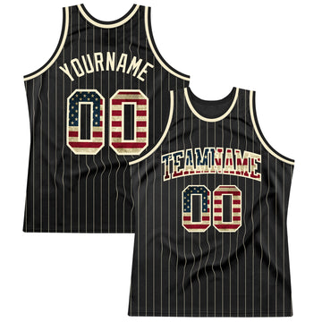 Custom Black Cream Pinstripe Vintage USA Flag-Cream Authentic Basketball Jersey