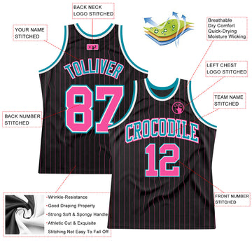 Custom Black Pink Pinstripe Pink-Teal Authentic Basketball Jersey