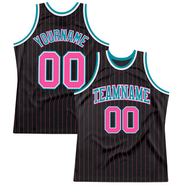 Custom Black Pink Pinstripe Pink-Teal Authentic Basketball Jersey