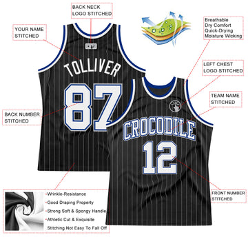 Custom Black Gray Pinstripe White-Royal Authentic Basketball Jersey