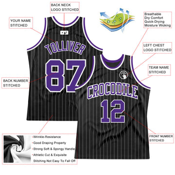 Custom Black White Pinstripe Purple-White Authentic Basketball Jersey