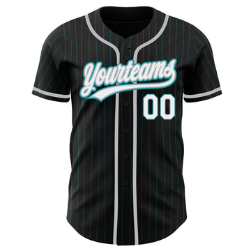 Custom Black Teal Pinstripe White-Gray Authentic Baseball Jersey