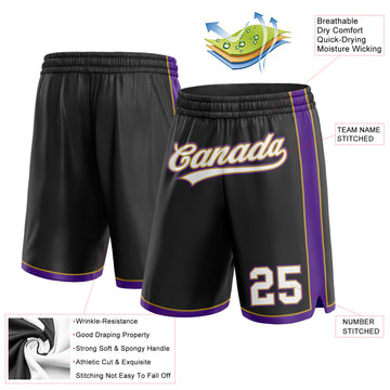 Custom Black White Old Gold-Purple Authentic Basketball Shorts