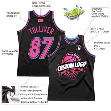 Custom Black Pink-Light Blue Authentic Throwback Basketball Jersey