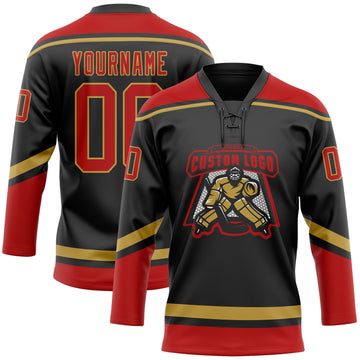 Custom Black Red-Old Gold Hockey Lace Neck Jersey