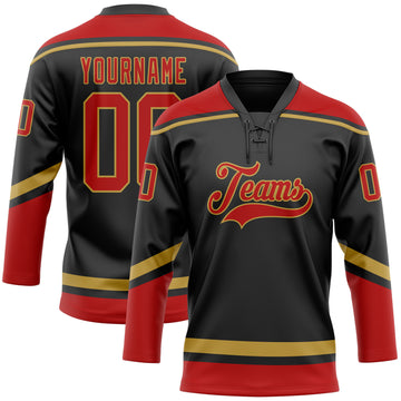 Custom Black Red-Old Gold Hockey Lace Neck Jersey