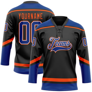 Custom Black Royal-Orange Hockey Lace Neck Jersey