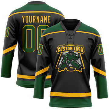Custom Black Green-Gold Hockey Lace Neck Jersey