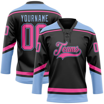 Custom Black Pink-Light Blue Hockey Lace Neck Jersey