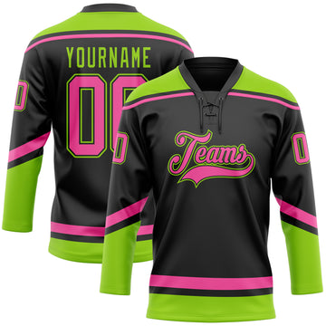 Custom Black Pink-Neon Green Hockey Lace Neck Jersey