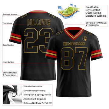 Custom Black Old Gold-Red Mesh Authentic Football Jersey