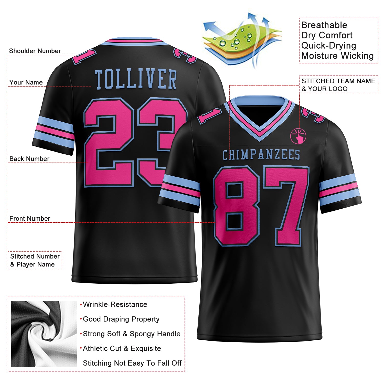 Custom White Light Blue Black-Pink Mesh Authentic Football Jersey