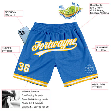 Custom Blue White-Gold Authentic Throwback Basketball Shorts