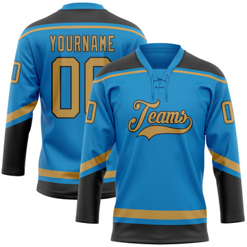 Custom Blue Old Gold-Black Hockey Lace Neck Jersey