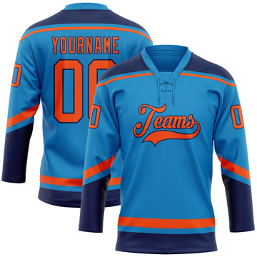 Custom Blue Orange-Navy Hockey Lace Neck Jersey