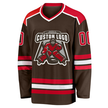 Custom Brown Red-White Hockey Jersey