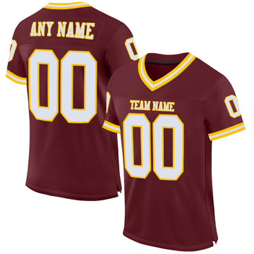 Custom Burgundy White-Gold Mesh Authentic Throwback Football Jersey