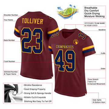 Custom Burgundy Navy-Gold Mesh Authentic Football Jersey