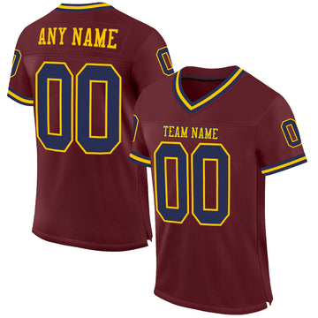 Custom Burgundy Navy-Gold Mesh Authentic Throwback Football Jersey