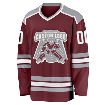 Custom Burgundy White-Gray Hockey Jersey