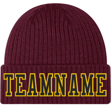 Custom Burgundy Black-Gold Stitched Cuffed Knit Hat