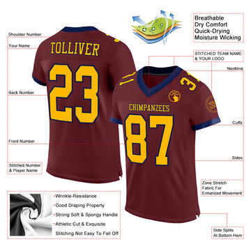 Custom Burgundy Gold-Navy Mesh Authentic Football Jersey