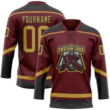 Custom Burgundy Old Gold-Black Hockey Lace Neck Jersey