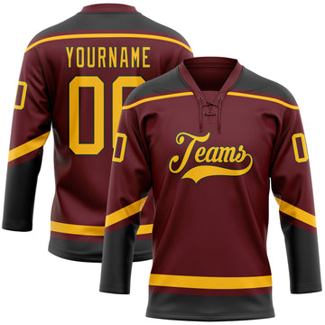 Custom Burgundy Gold-Black Hockey Lace Neck Jersey