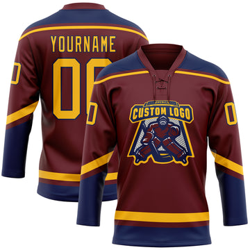 Custom Burgundy Gold-Navy Hockey Lace Neck Jersey