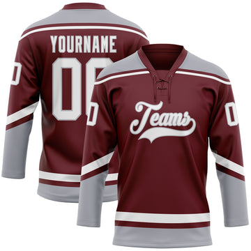 Custom Burgundy White-Gray Hockey Lace Neck Jersey